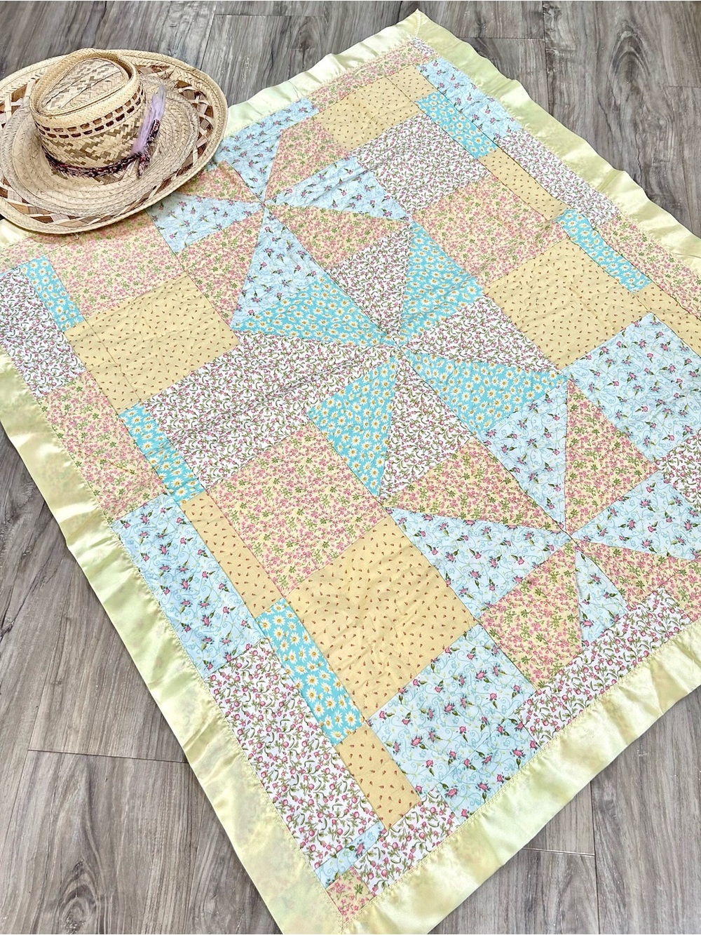 Handmade Patchwork Baby Quilt/lap blanket Pastel Yellow, Blue, Pink cabin vibe